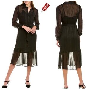 Nanette Lepore black metallic midi shirt dress pleated skirt sheer sleeves 14